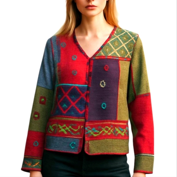 Vtg 90s patchwork Boho embellished Sage/ Fuschia/ button front boxy jacket sz M - Picture 1 of 12
